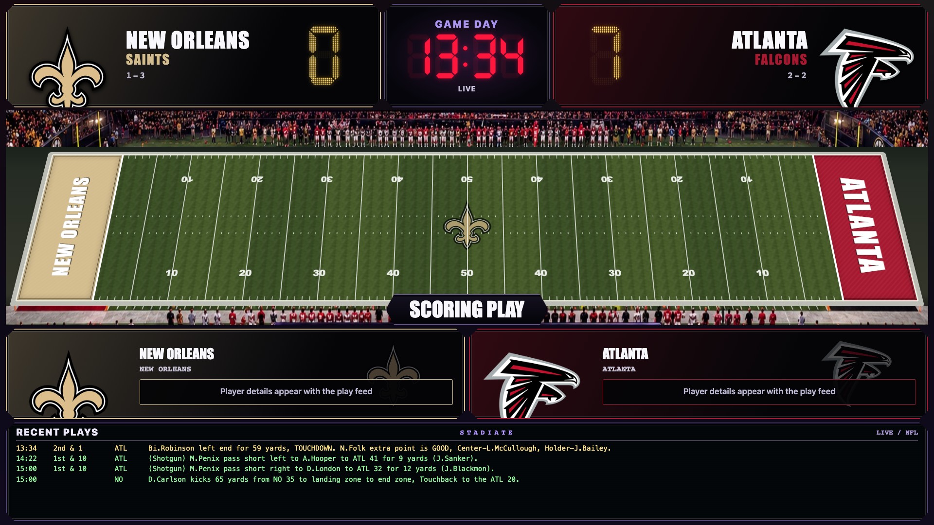Stadiate Action View for Atlanta at New Orleans, showing Atlanta 7, New Orleans 0 with 13:34 left in the first quarter.