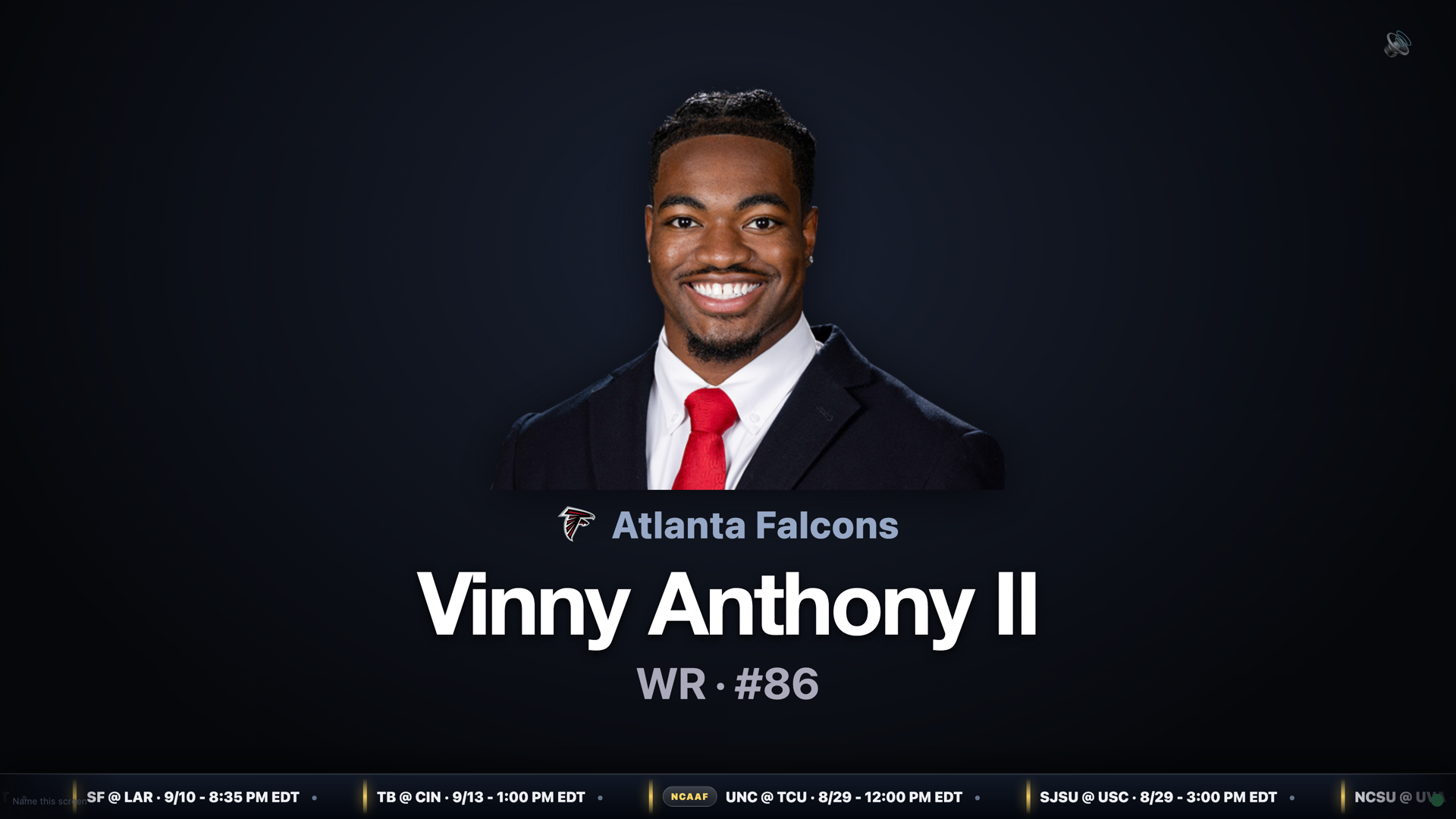 Stadiate roster spotlight card for an Atlanta Falcons player