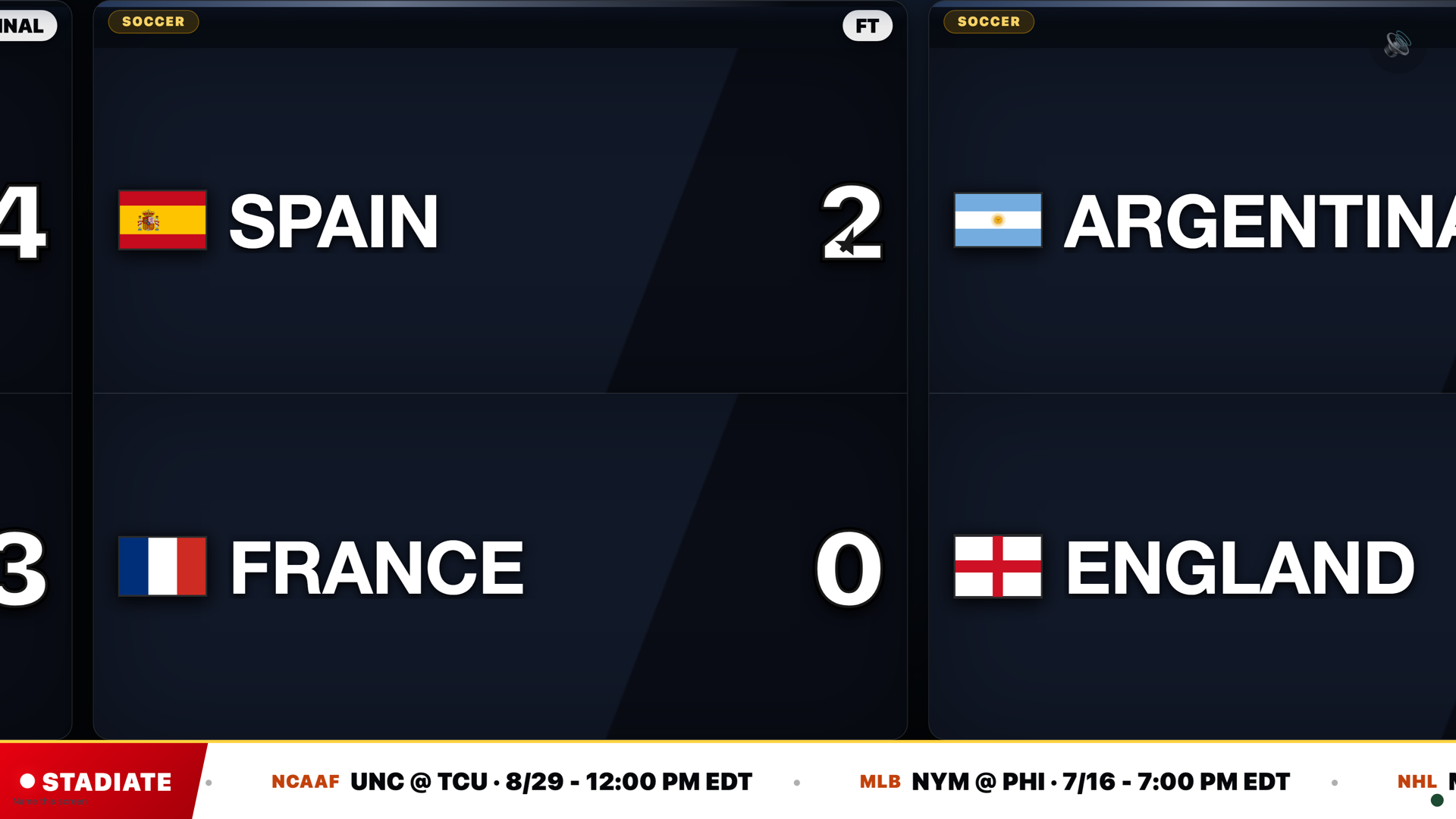Stadiate widescreen ticker showing live soccer scores